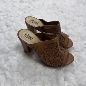 FLEXI Tan Leather Block Heel‎ Platform Peep Toe Slip-on Slide Mules Women's Sz 6